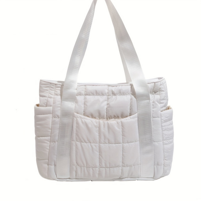 Solid Color Quilted Tote Bag Multi Pockets Shoulder Bag Soft Padded Handbag For Women
