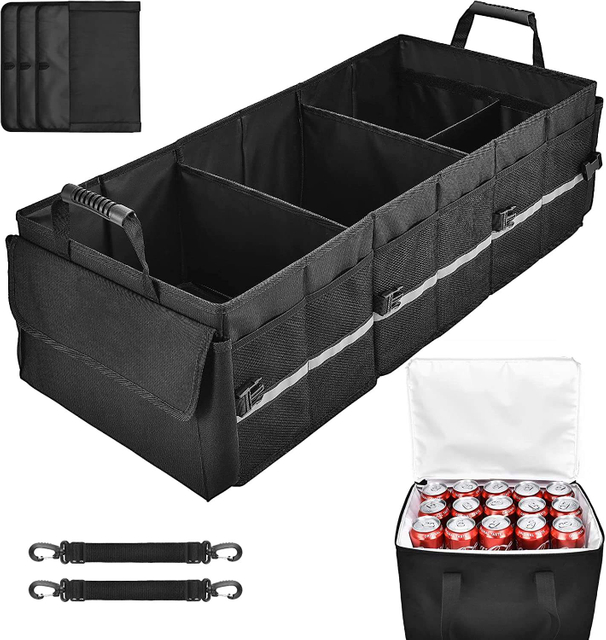 Car Trunk Storage Bag 3 Compartments with Cooler Storage Organizer Foldable Storage Car Grocery Rear Fit for SUV