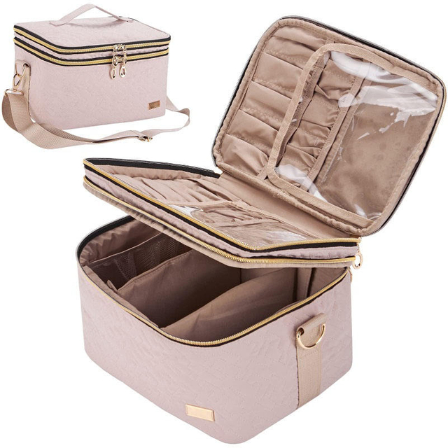Luxury Travel Accessories Double Layer Cosmetic Bag Travel Makeup Case Organizer with Shoulder Strap for Cosmetics Makeup Brush