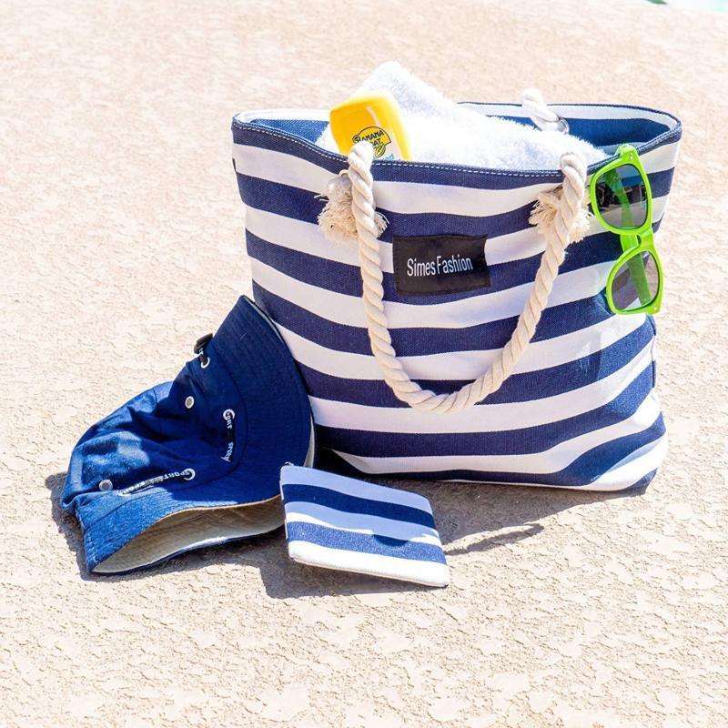 Large Canvas Beach Bag Striped Summer Shoulder Shopping Travel Tote Women Lady