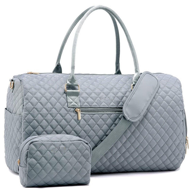Quilted Weekender Fashion Duffel Tote Luxury Duffle Bags for Women with Cosmetic Pouch Large Overnight Bag Set