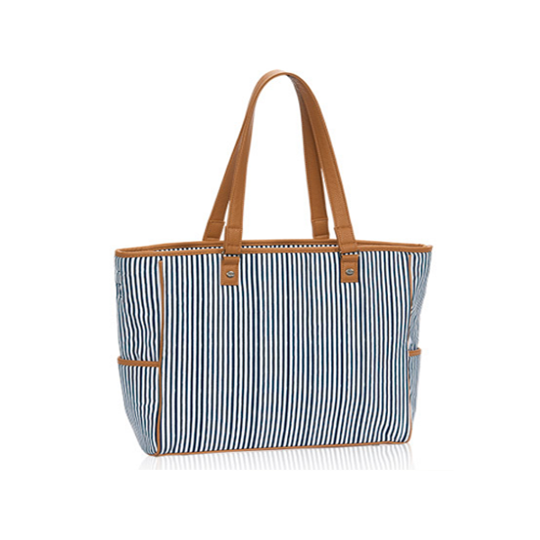 Vertical Strip Canvas Women Beach Shopping Tote Bag with Leather Handles