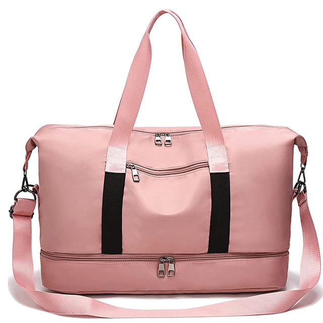Multi Pockets Two Layers Travel Bag Duffel Fitness Gym Tote Pink Duffle Bag for Women with Shoes Compartment