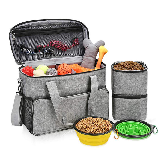 Outdoor Traveling Portable Pet Luggage Tote Bag Kit With Leakproof Food Container Bowl Drink Bowl