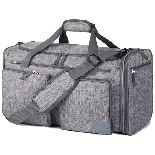 40L Gray Water Resistant Overnight Sports Gym Bag Men Custom Print Foldable Duffle Polyester Sports Bag