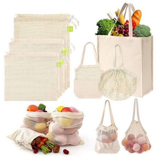Eco Friendly Zero Waste Reusable Sustainable Natural Muslin Mesh Net Bags Grocery Large Cotton Shopping Bags