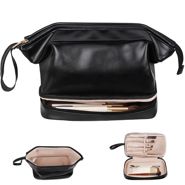 Portable Leather Double Layer Girls Makeup Pouch Cosmetic Toiletries Storage Bag Travel Toiletry Bag New Fashion