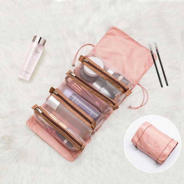 Hanging Roll-Up Makeup Bag Travel Toiletry Bag Cosmetics Organizer, 4 Removable Storage Bags Organize Makeup Cosmetics Holder