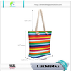 Rainbow print canvas beach tote bags women handbags with cotton rope handles
