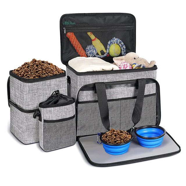 Dog Travel Bag Set Large Capacity Toys Organizer Tote Bag 2 Food Storage Bin With A Training Pouch Waist Bag