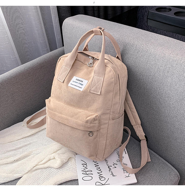 Customized student girls weekend travel shoulder bag backpack for women's beige corduroy backpack pleaded