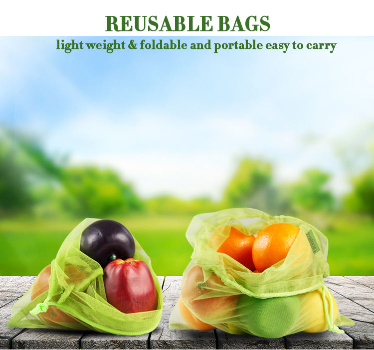 Eco friendly RPET mesh drawstring bag light weight washable mesh bag for food and fruit