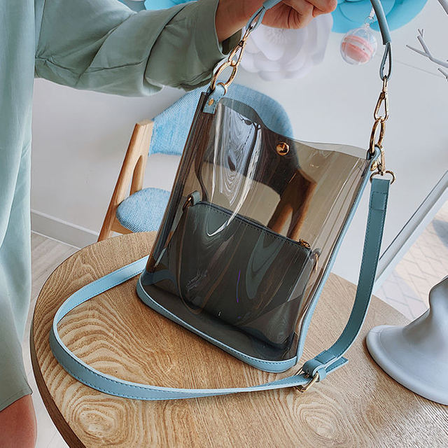 Luxury Large Clear Shoulder Tote Handbags for Women Transparent Pvc Crossbody Bag with Leather Pouch