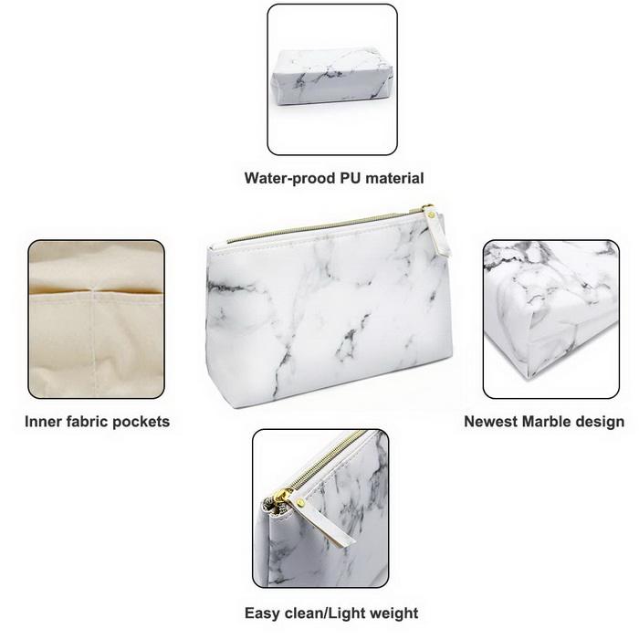 Marble PU leather display cases waterproof cosmetic makeup pouch travel portable brush makeup organizers