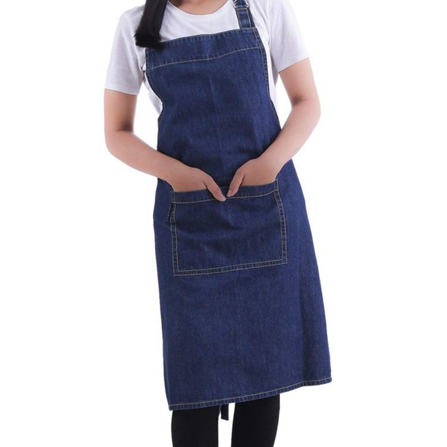 High quality unisex denim adjustable kitchen bib apron with pockets neck strap custom