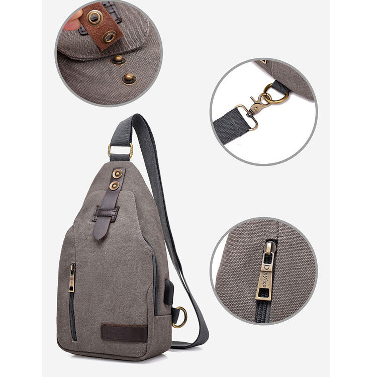 Men Canvas Shoulder Messenger Bag Chest Pack Crossbody Bag Travel Sling Bag Grey