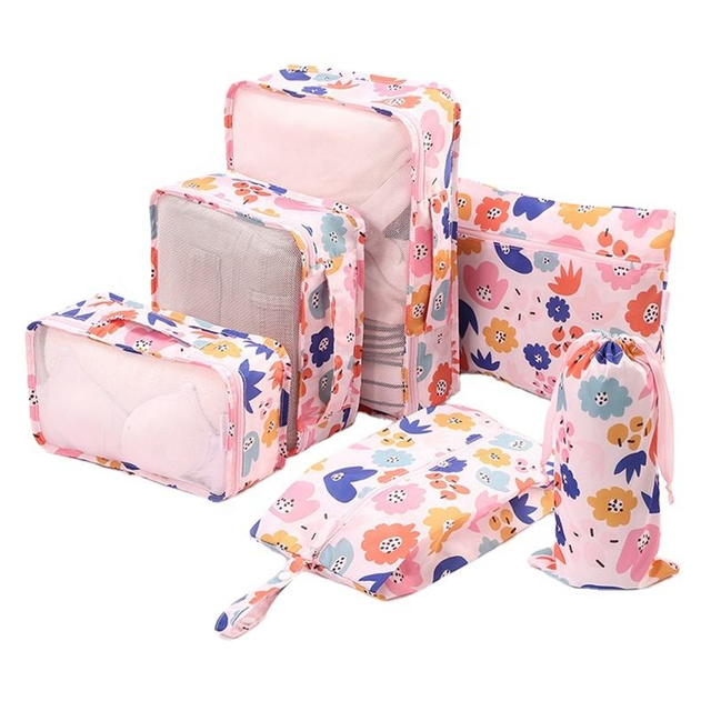 6pcs Lightweight Multi-functional Various Printing Luggage Packaging Bag Portable Washable Fashion Travel Packing Cubes