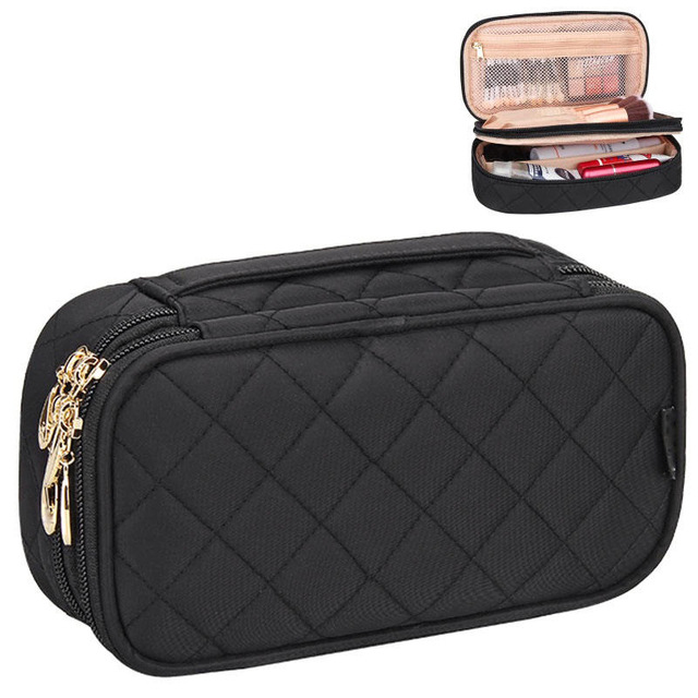 Quilted Waterproof Nylon Makeup Brush Storage Holder Cosmetic Travel Toiletry Bag Two Way Zipper Close with Adjustable Divider