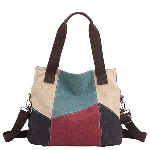 Fashion Hobo Multi-Color Splice Shoulder Cross-body Handbags Tote Bag Canvas Hand Purses For Women