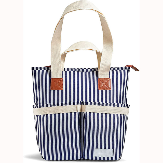 Large Food & Drink Insulated Soft Beach Tote Bag Custom Stripe Picnic Cooler Bag with Removable Wine Bottle Divider
