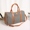 Luxury Striped Canvas Weekend Tote Bags Duffle Women Travel Sport Gym Workout Leather Strap Duffel Bag with Shoe Department
