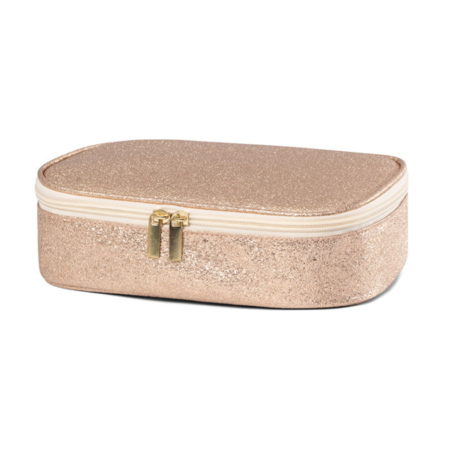 Sparkling Golden Glitter PU Leather Makeup Organizer Bag With Portable Handle