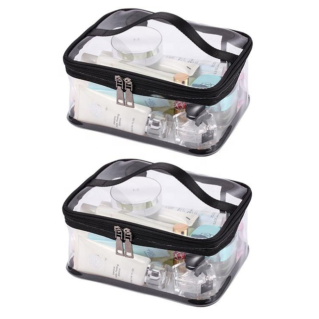 Custom Logo Waterproof Clear Make Up Toiletry Pouch Storage Bag Transparent Travel Cosmetics Bag Makeup with Handle