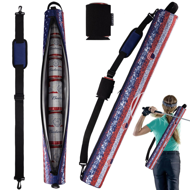 long shape 7 can capacity cooler sleeve golf insulated bag with neoprene can holder shoulder crossbody golf cooler bag