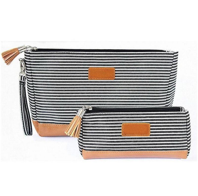 Bulk Custom Logo Striped Lady Travel Toiletry Makeup Bags Zipper Make Up Bag Portable Handle Cosmetic Pouch with Zipper