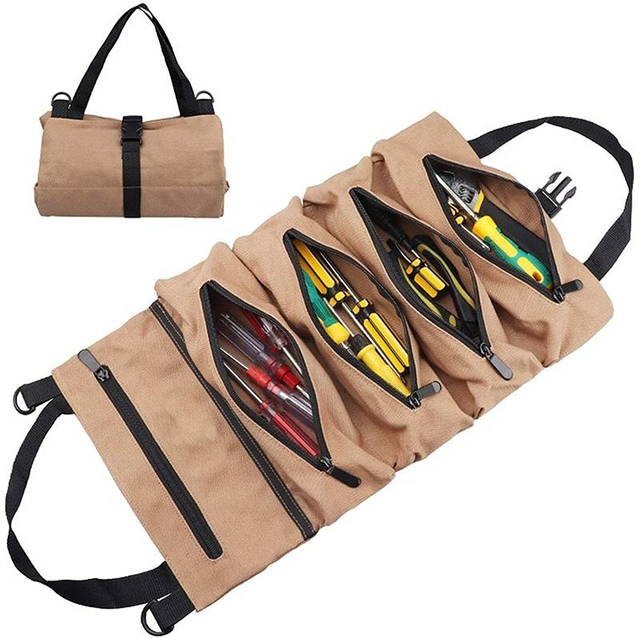 Roll Up Tool Bag Multi Purpose Tool Organizer Canvas Tool Roll Pouch with 5 Spacious Pockets