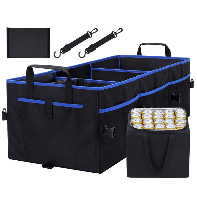 Collapsible Polyester Cargo Storage Box SUV Organizer Camping Sturdy Handle Trunk Organizer with Leakproof Cooler Bag