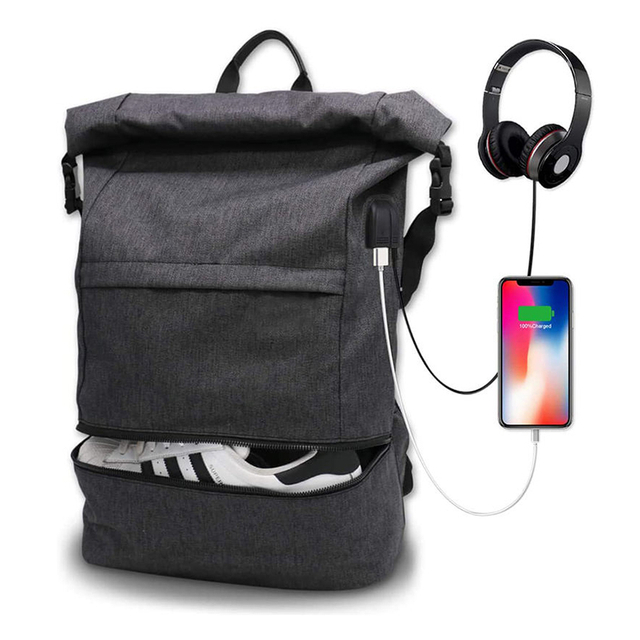 Weekend Travel Mens Sports USB Charging Port Anti Theft 20L Waterproof Roll Top Backpack with Padded Laptop