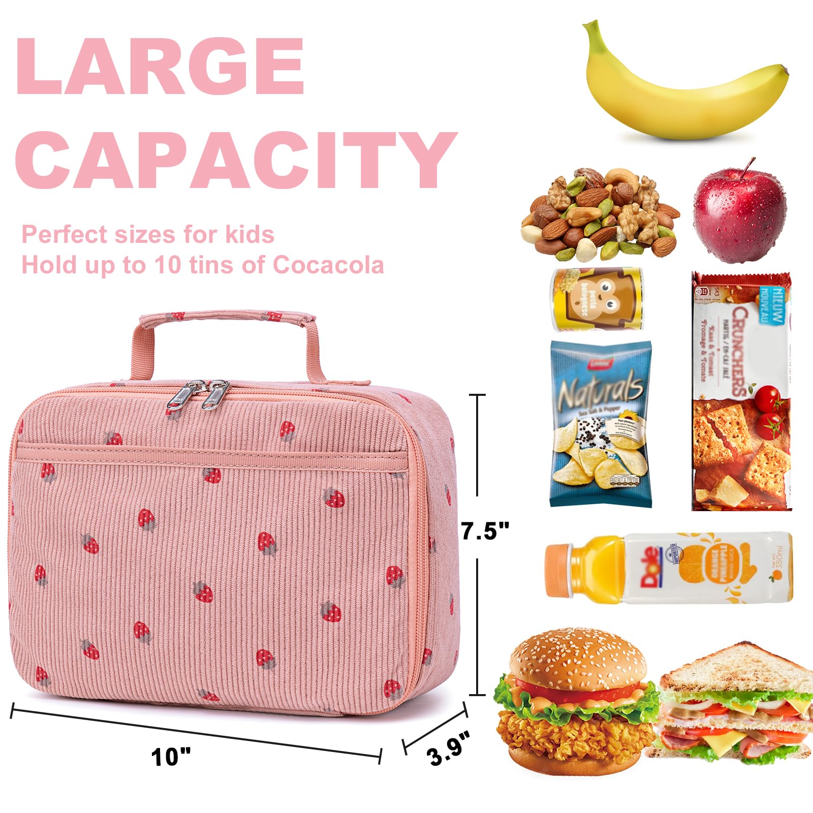 Kids Girls Corduroy Insulated Lunch Box Bag Product Details