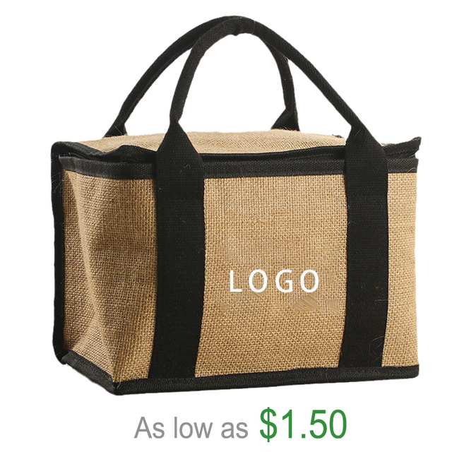 Custom Square Portable Aluminum Foil Soft Linen Lunch Food Cooler Bag Insulated Jute Picnic Cooler Bag Fashion