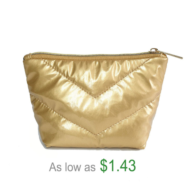 Promotional Zippered Lipsticks Pouch Soft PU Travel Toiletry Cosmetic Bag Daily Luxury Metallic Gold Quilted Makeup Bag