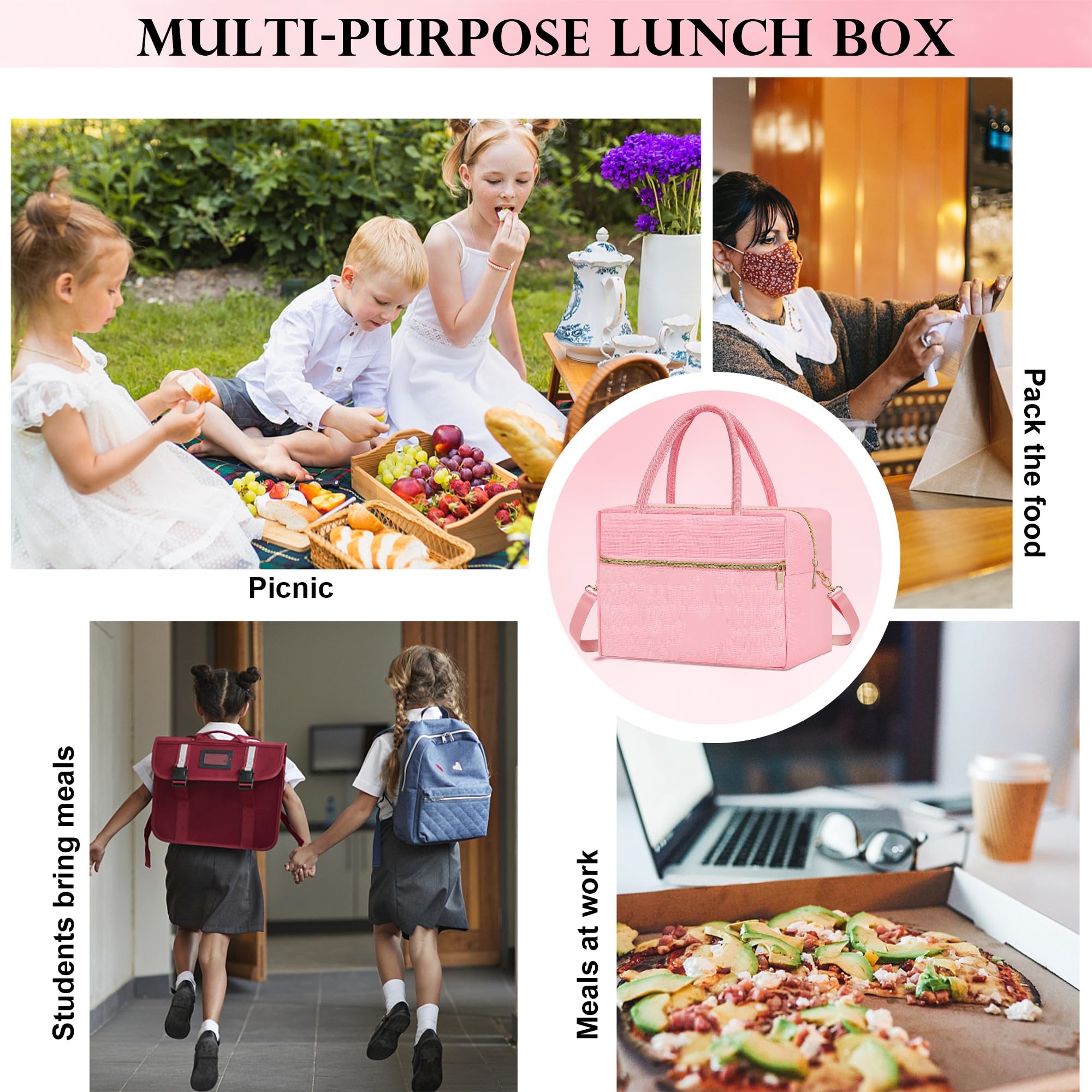 Pink Lunch Bag for Teen Girls Women Cute Tote Lunch Bag Insulated Lunch Cooler Bag School