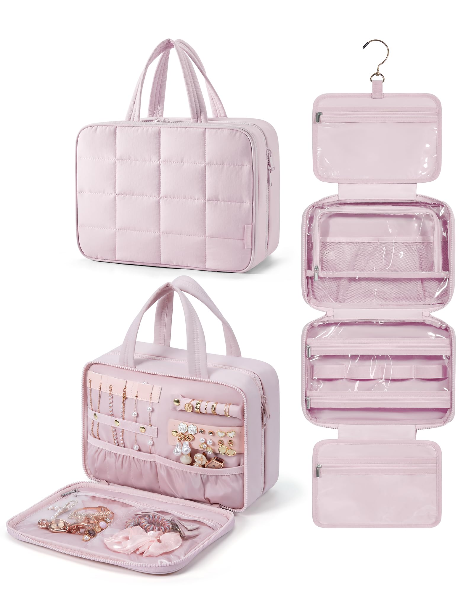 Travel Toiletry Bag with Jewelry Organizer Hanging Travel Bag for Toiletries Puffy Makeup Cosmetic Bag Organizer