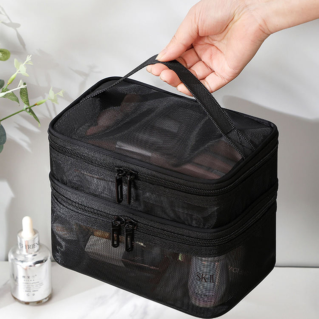 Durable Custom Logo Customize Premium Promotion Foldable Portable Designer Design Zipper-mesh Cosmetic Makeup Tote Bag