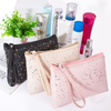 Wholesale Women Small Pouch Bag for Cosmetics Custom Logo Shine Pu Leather Make Up Cosmetic Bag Travel with Wrist Band