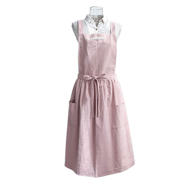 Cute Pinafore Dress with Long Waist Ties Cotton Line Japanese H Back Smock Bib Kitchen Cooking Baking Pink Aprons Adults