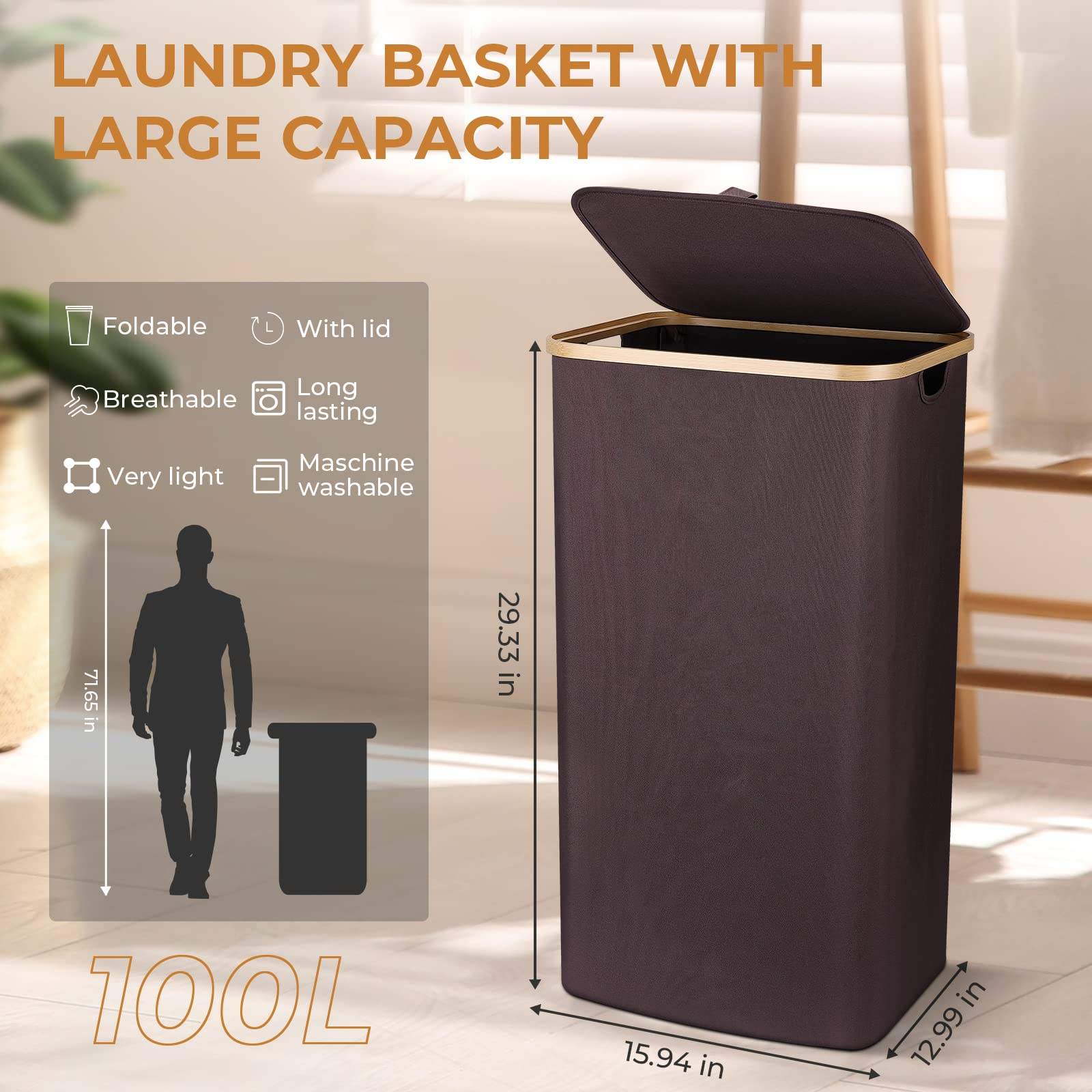 100L Laundry Collector Storage Basket with Lid and Removable Washable Laundry Bags, Foldable Laundry Sorter for Bedrooms,