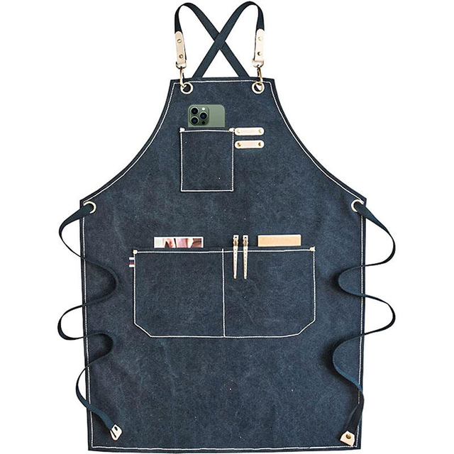 Custom Printed Vintage Canvas Gardening Work Kitchen Cross Back Apron with Pockets High Quality Adjustable Leather Cross Apron