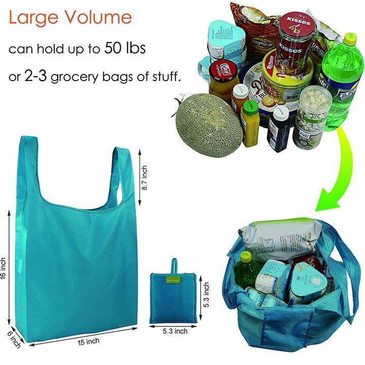 Large volume heavy duty foldable reusable ripstop nylon reusable shopping tote bag with pouch