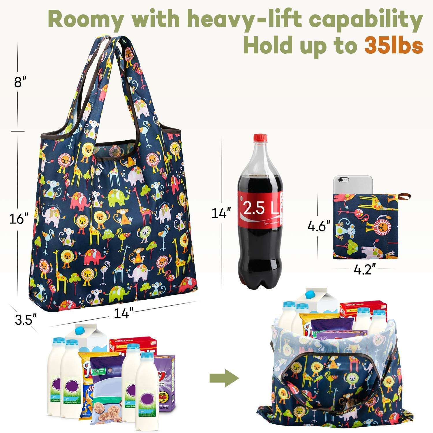 Reusable Shopping Grocery Bags Compact | Heavy Duty Grocery Bags with 35lbs Weight Capacity
