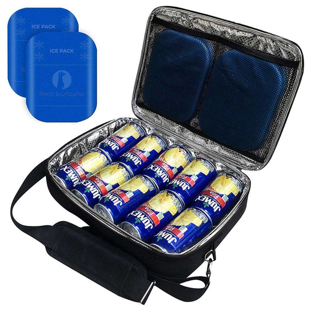 Insulated Slim Cooler Thin, Flat Cooler Lunch Bag Fits 10 Drink Cans - 2 FREE Slim Reusable Ice Packs