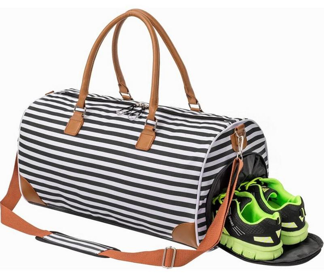 Luxury striped sport duffle travel weekender bags leather gym duffel bag with shoe compartment for women and men