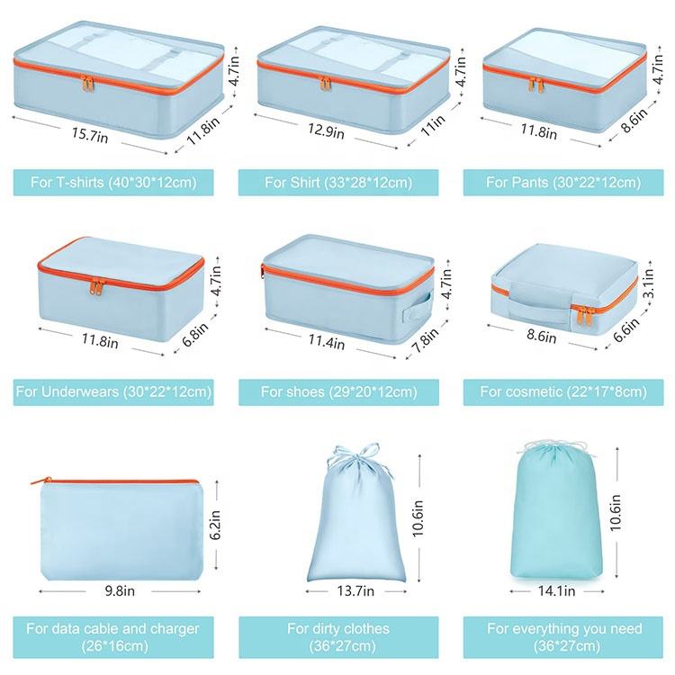 hot sale 11pack suitcase travel storage accessories organizer bag portable cloth packing cubes compression