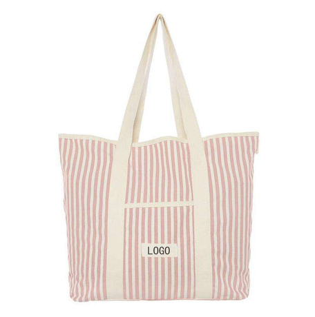 Wholesale Portable Woman Striped Casual Totes School Work Carry-on Bags Shoulder Small Canvas Beach Tote Bag with Zipper Pocket