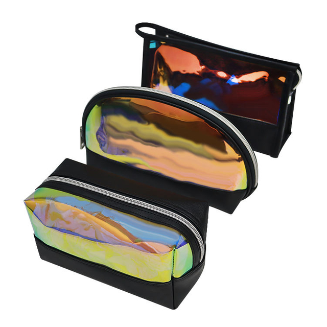 Custom Multi-color Water Resistant Holographic Laser PVC PU Makeup Bag Set