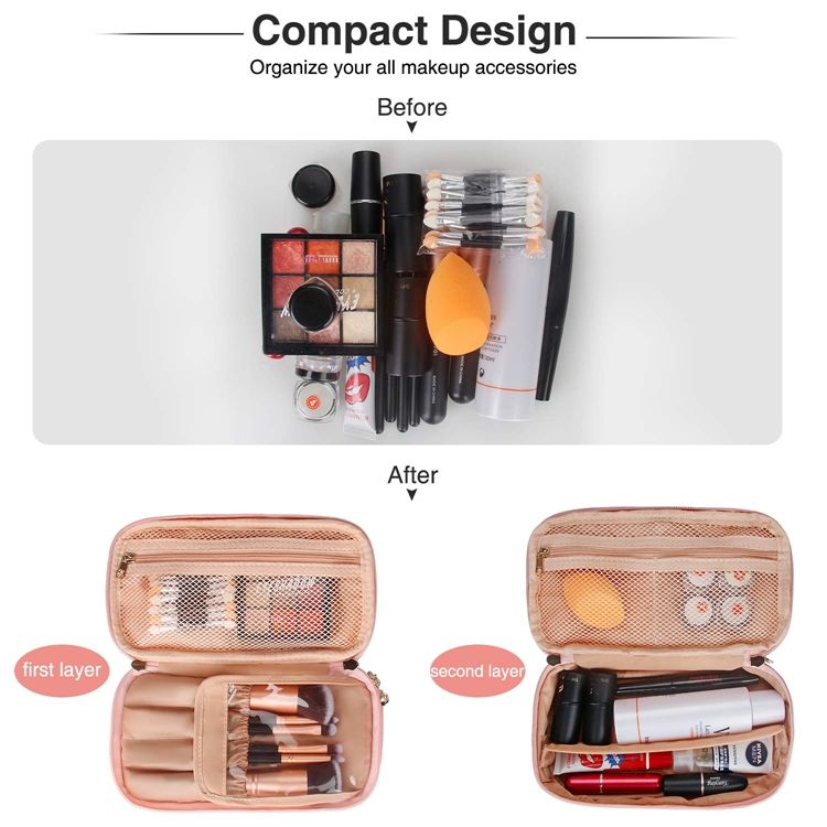 Portable Waterproof Travel Toiletry Bag Lovely Pink Color Women Make Up Organizer Bag With Brush Slot Pockets